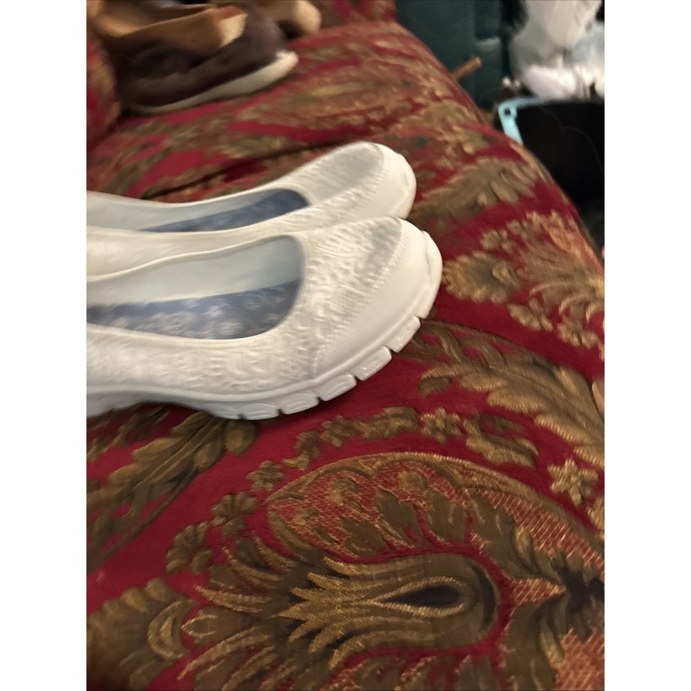 Skechers White Lace-Texture Slip-On Ballet Flats